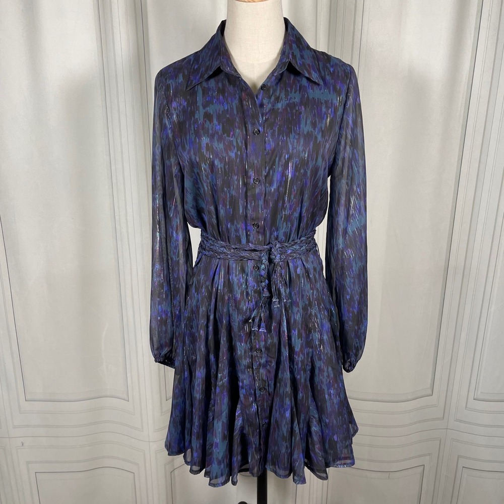 AQUA Sheer Abstract Shimmer Mini Shirt Dress Belted Black Purple Teal Size‎ S
